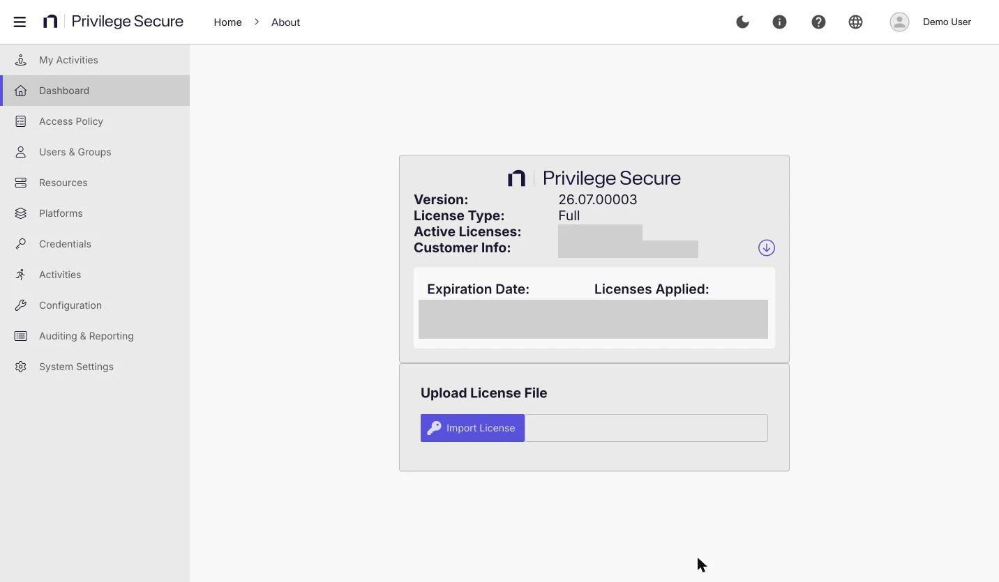 The About page showing the product version 26.07.00003, the license type, and the Upload License File section with the Import License button.