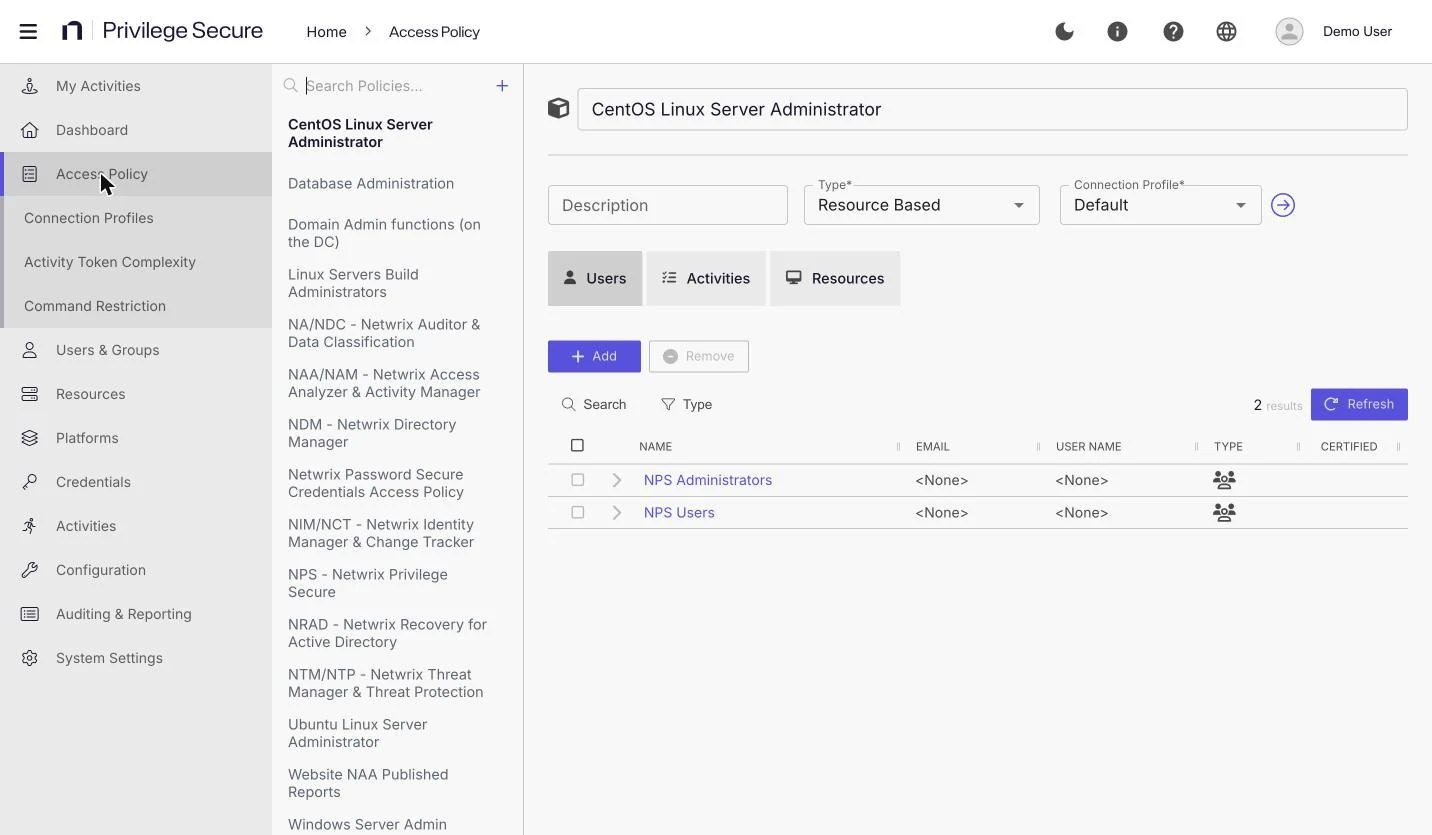 The Access Policy page with the policy list on the left and the CentOS Linux Server Administrator policy open on its Users tab, listing the NPS Administrators and NPS Users groups.