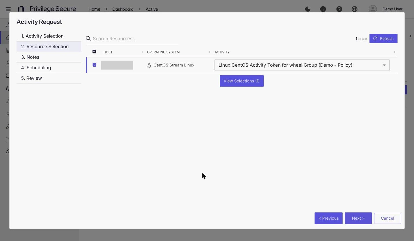 The Activity Request dialog on the Resource Selection step, with one CentOS Stream Linux host selected and a Linux activity chosen in the Activity list.