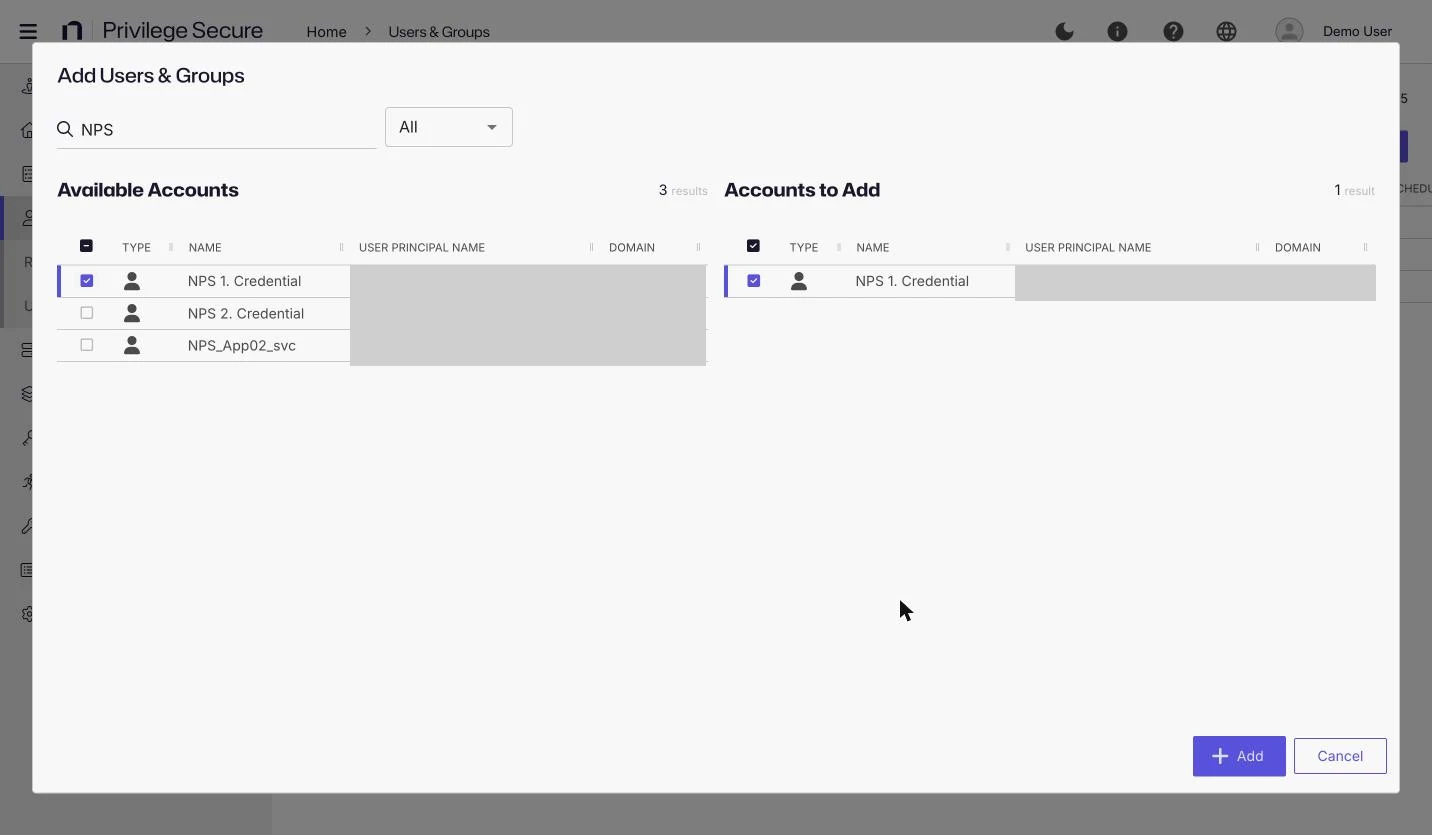 The Add Users & Groups window with a search for NPS, three available accounts, and NPS 1. Credential in Accounts to Add.