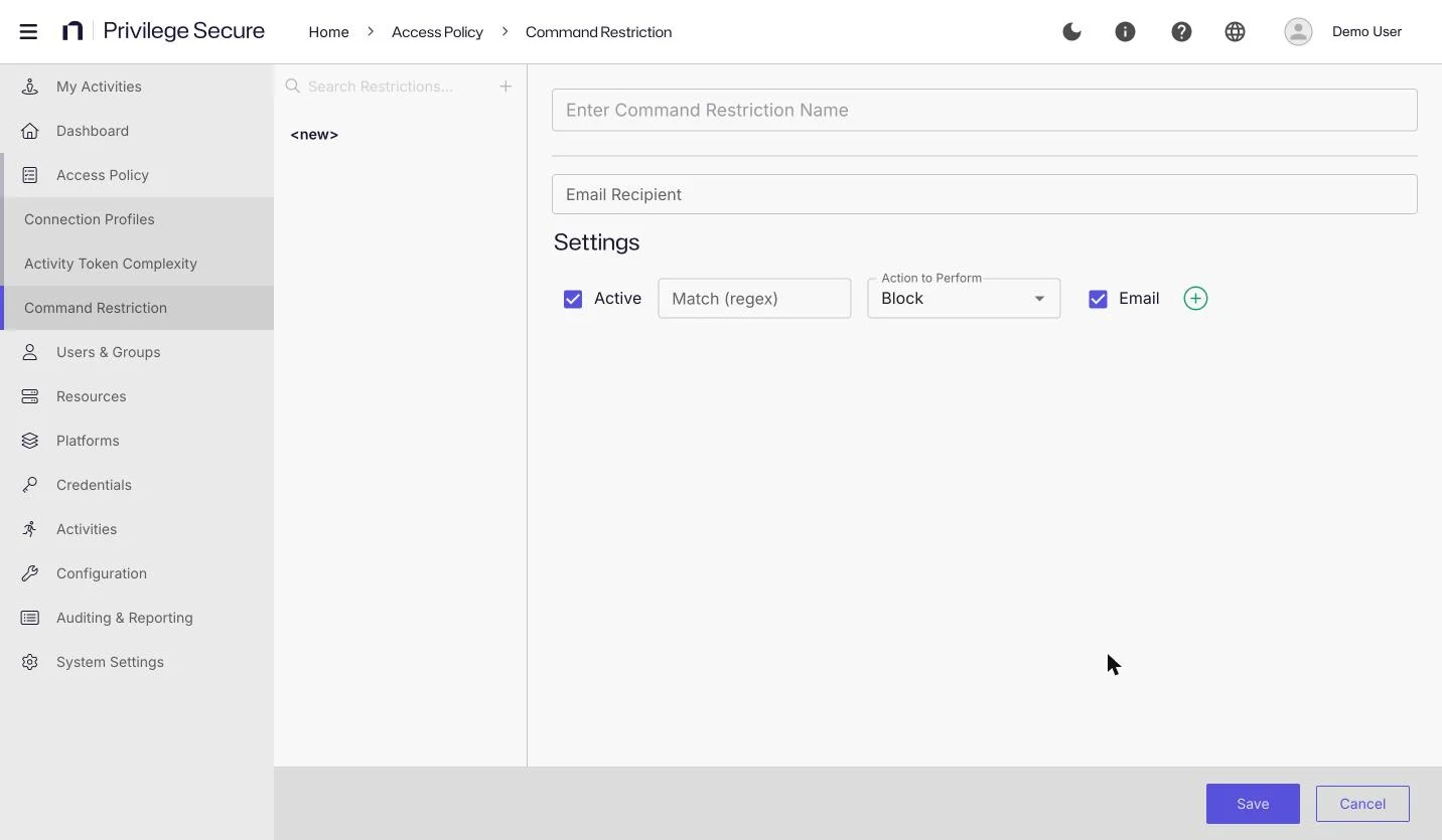 The new Command Restriction form with one rule row showing Active, Match (regex), Action to Perform set to Block, and Email.