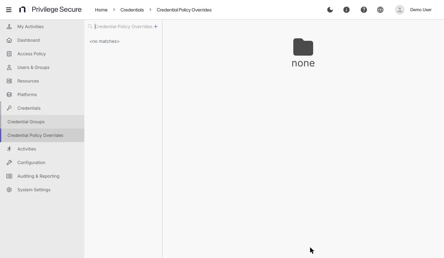 The Credential Policy Overrides page with an empty override list.