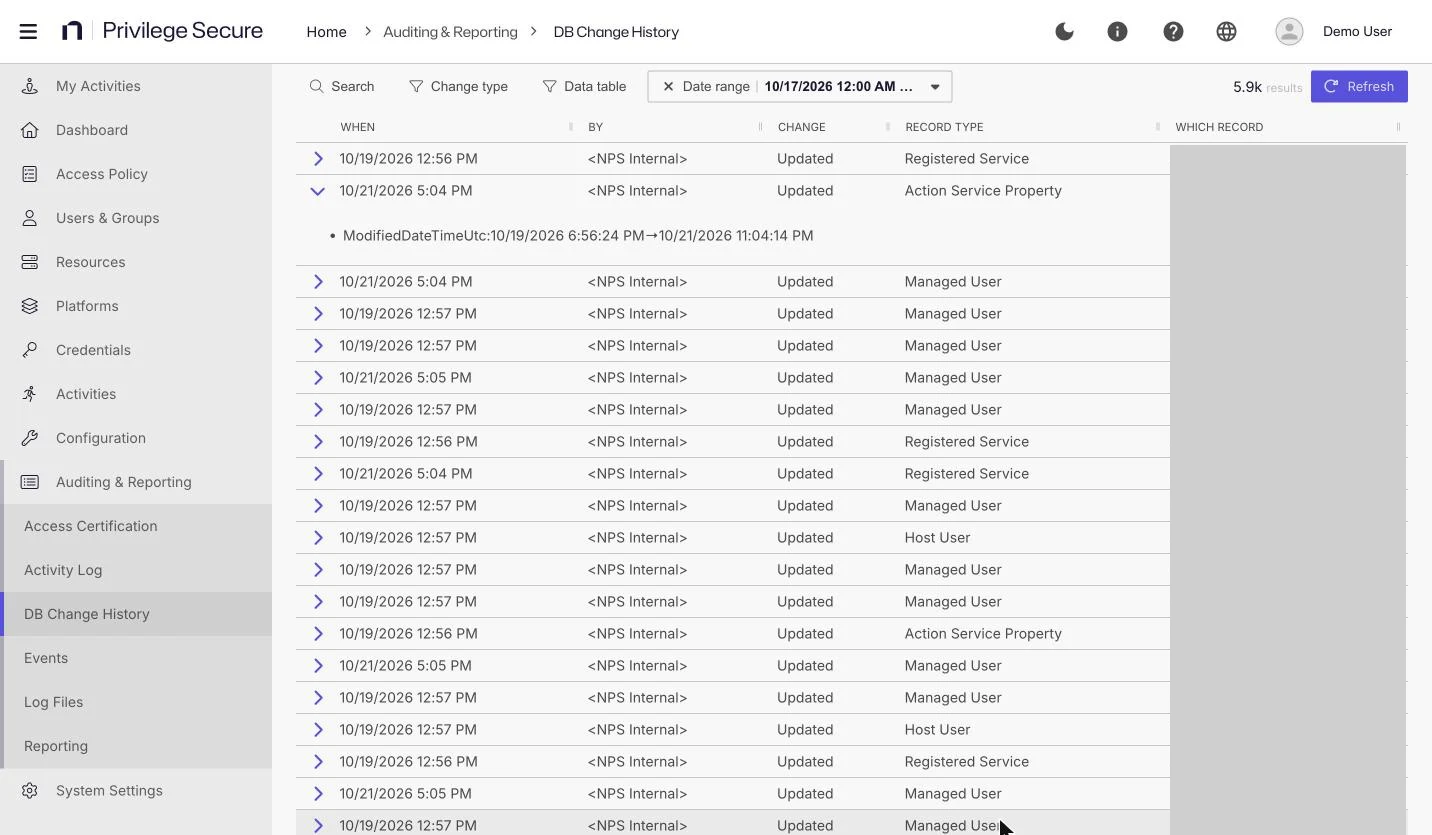 The DB Change History page with one Action Service Property row expanded to show the changed field and its old and new values.