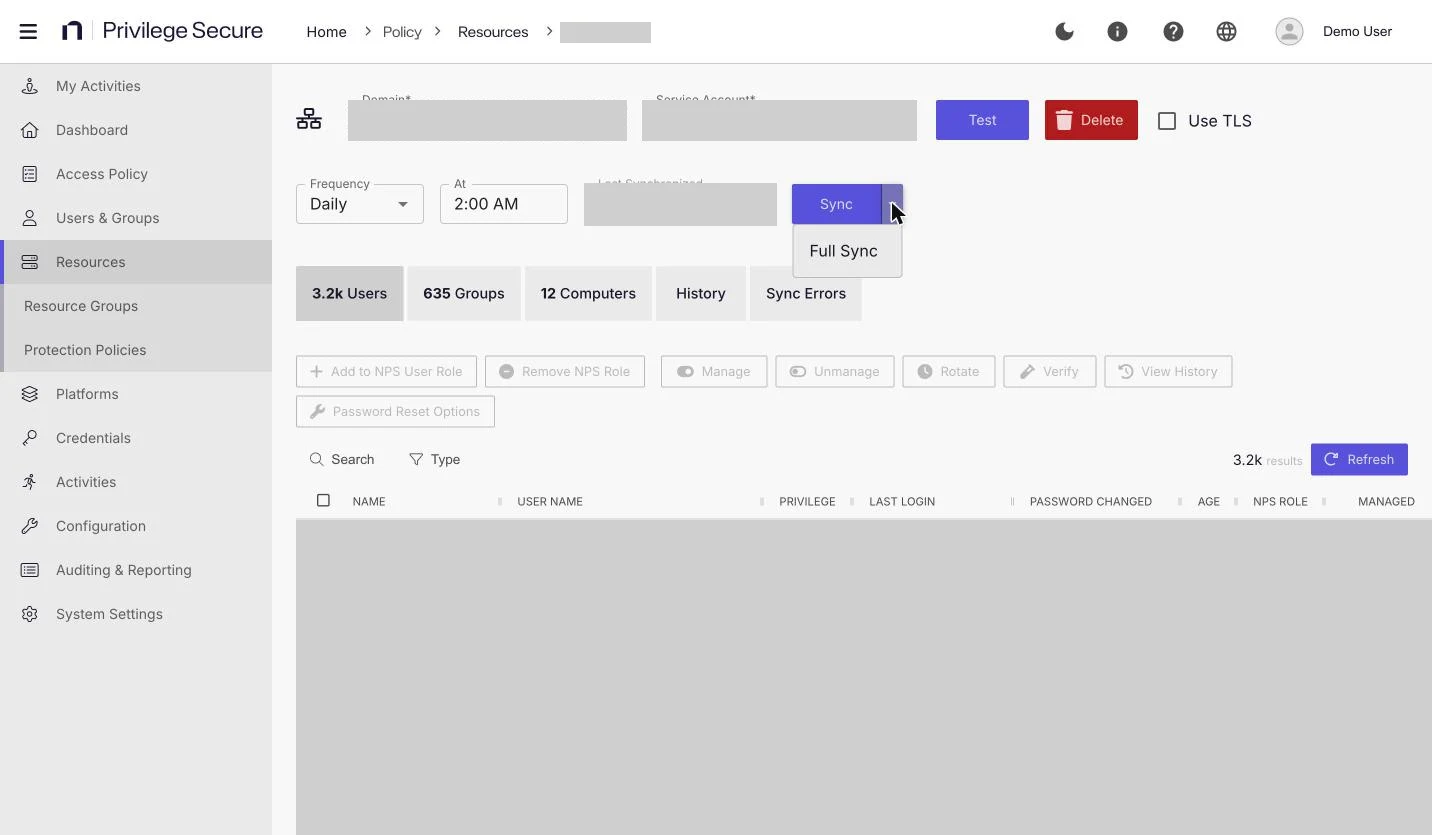 The domain details page with the Sync split button open to show Full Sync, the daily 2:00 AM sync schedule, and the Users, Groups, Computers, History, and Sync Errors tabs.