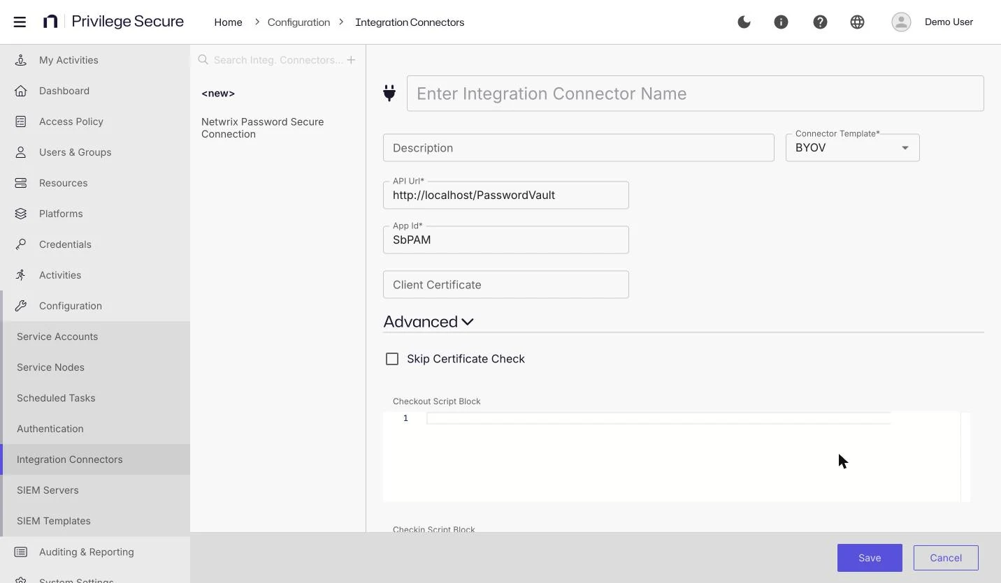 The Add Integration Connector form with the BYOV template selected and the Advanced section expanded, showing Skip Certificate Check and the Checkout Script Block editor.