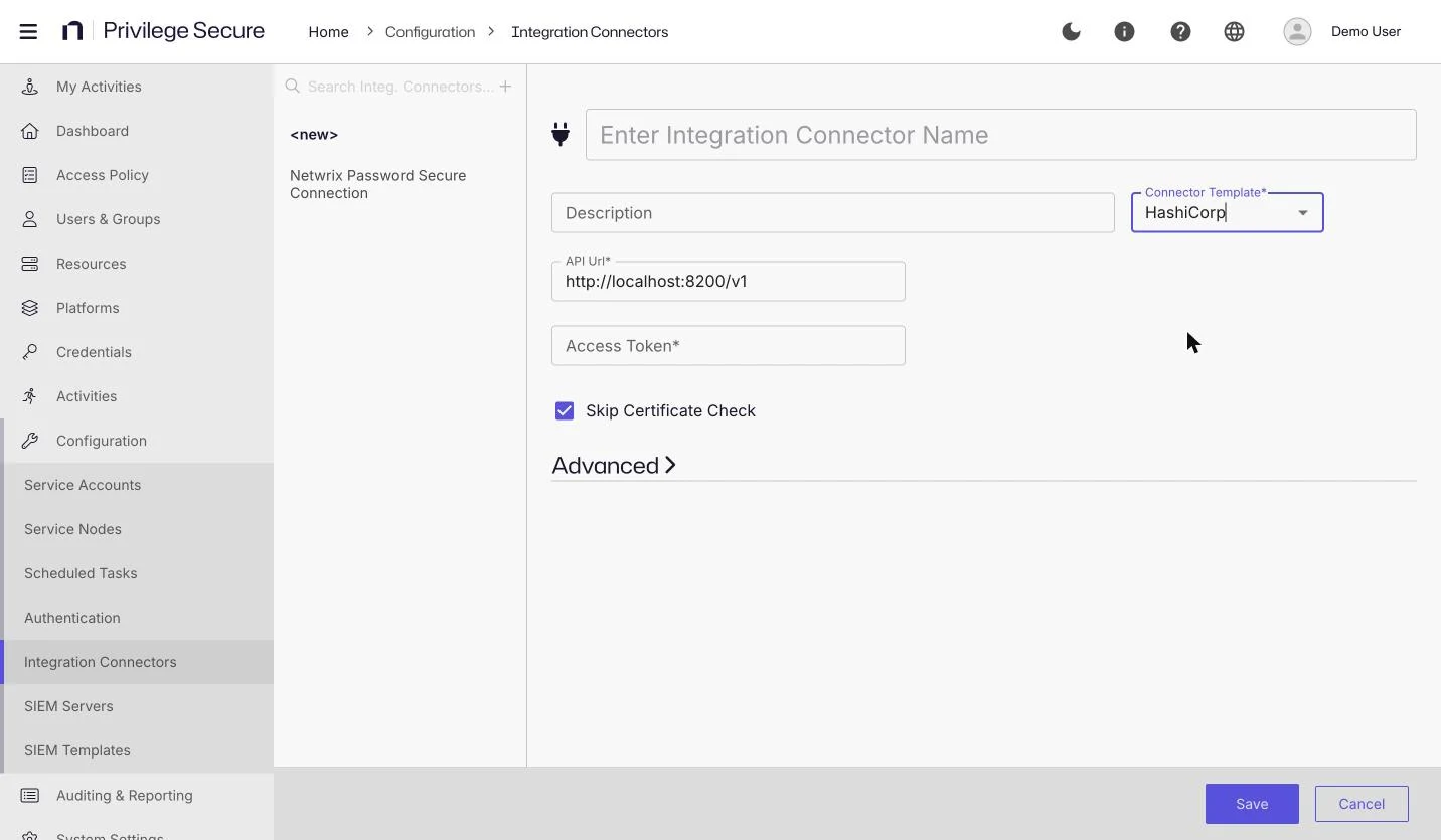 The Add Integration Connector form with the HashiCorp template selected, showing API Url, Access Token, and Skip Certificate Check.