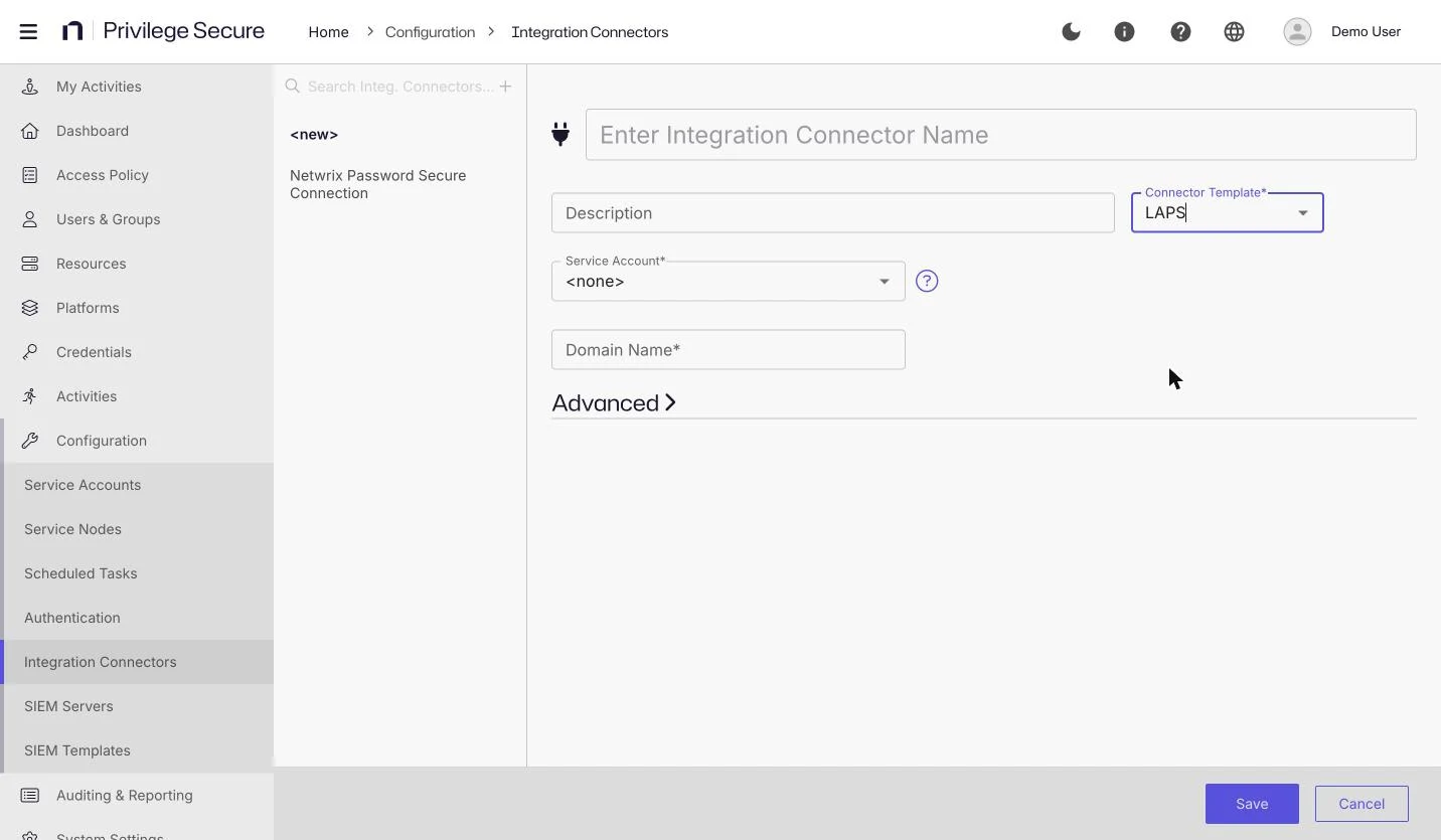 The Add Integration Connector form with the LAPS template selected, showing the Service Account and Domain Name fields.