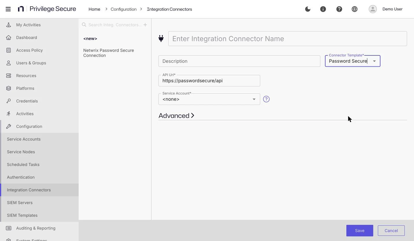 The Add Integration Connector form with the Password Secure template selected, showing API Url, Service Account, and the collapsed Advanced section.