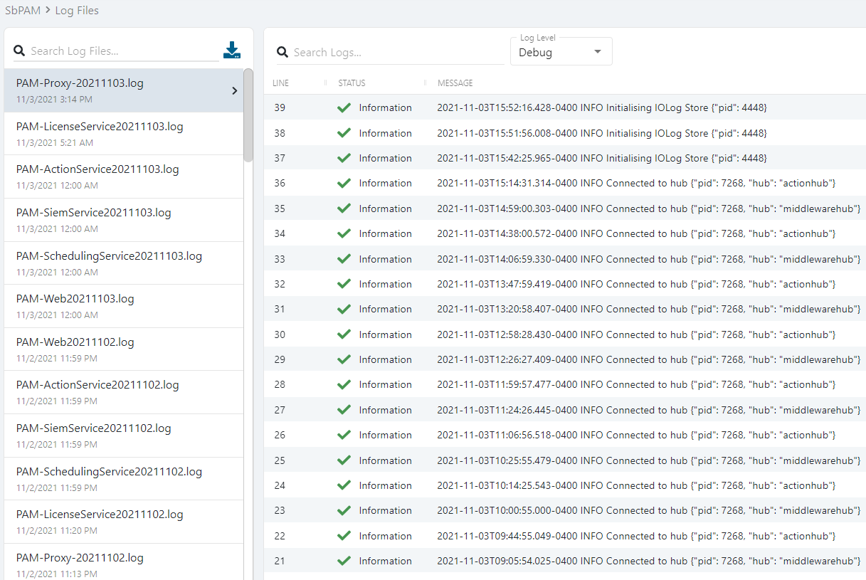 Image of Netwrix Privilege Secure web application's log files page, listing log files and displaying contents.