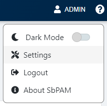 The user settings dropdown menu in SbPAM.