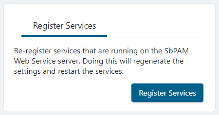 The SbPAM web application interface's settings page, displaying the Register Services button.
