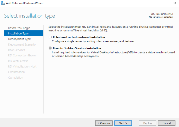 Screenshot of Windows Server Add Roles and Features Wizard, demonstrating a Remote Desktop Services installation.