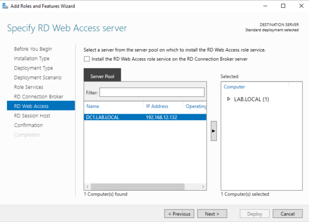 Screenshot of Windows Server Add Roles and Features Wizard, demonstrating a Remote Desktop Services installation.
