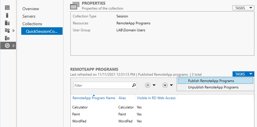 Screenshot demonstrating Publish RemoteApp Programs in a Windows Remote Desktop Services Session Collection.
