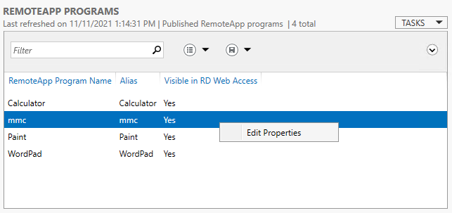 Screenshot of editing the Properties of a published RemoteApp in Windows Remote Desktop Services.