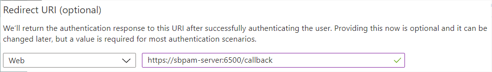 App registration page with Redirect URI field highlighted