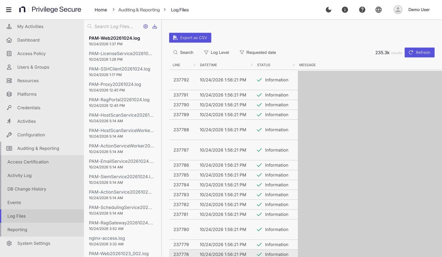 The Log Files page with PAM-Web20261024.log selected and its entries listed by line, date, time, and status.