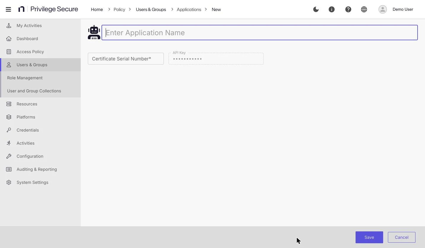 The New Application User form with the Application Name, Certificate Serial Number, and masked API Key fields.