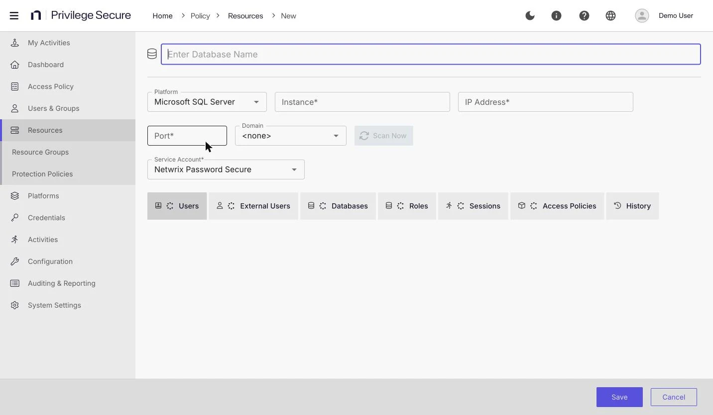 The New Database page with Microsoft SQL Server selected as the platform, an empty Port field, and the Service Account list set to Netwrix Password Secure.