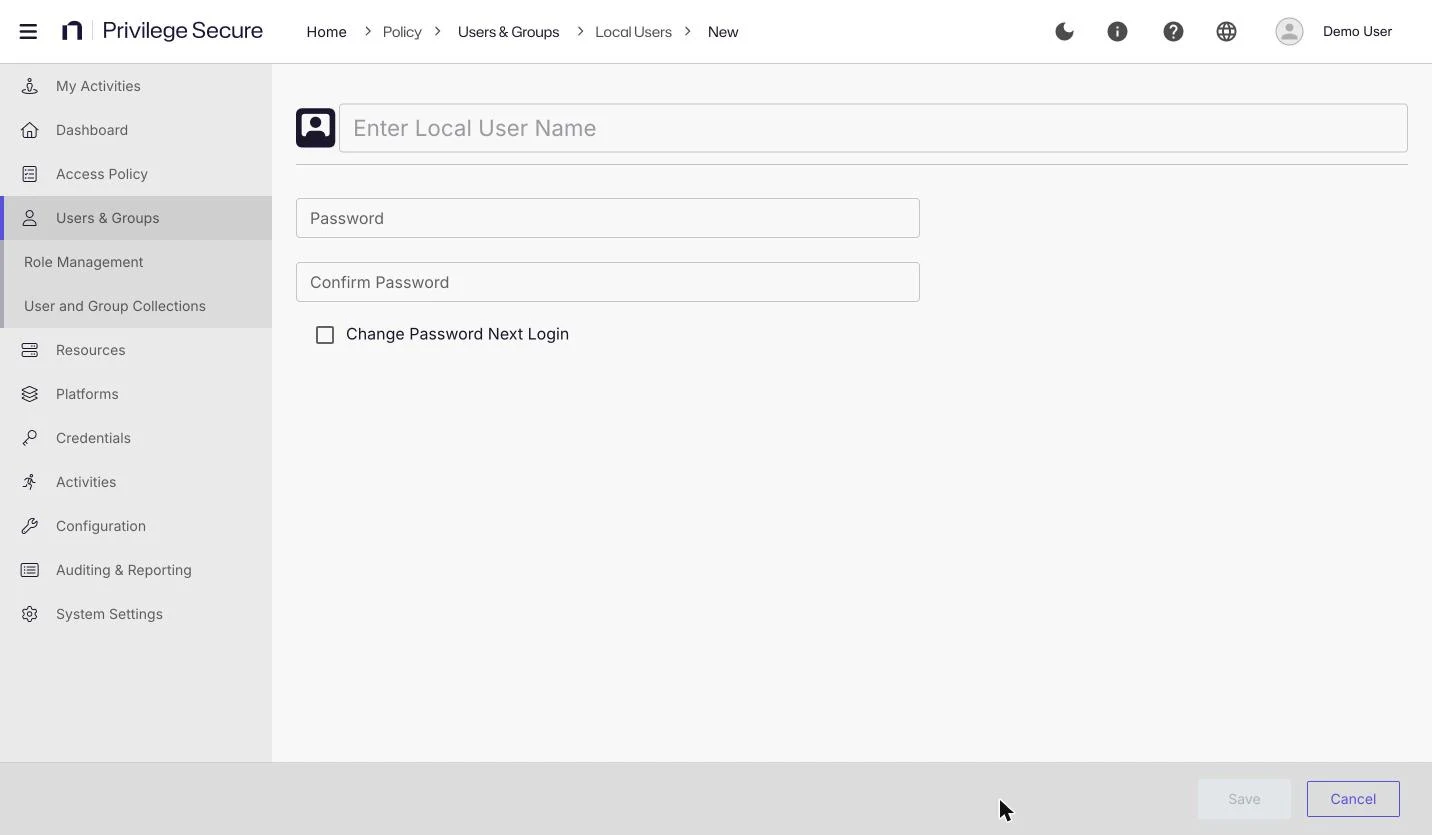 The New Local User form with the user name, Password, and Confirm Password fields and the Change Password Next Login checkbox.