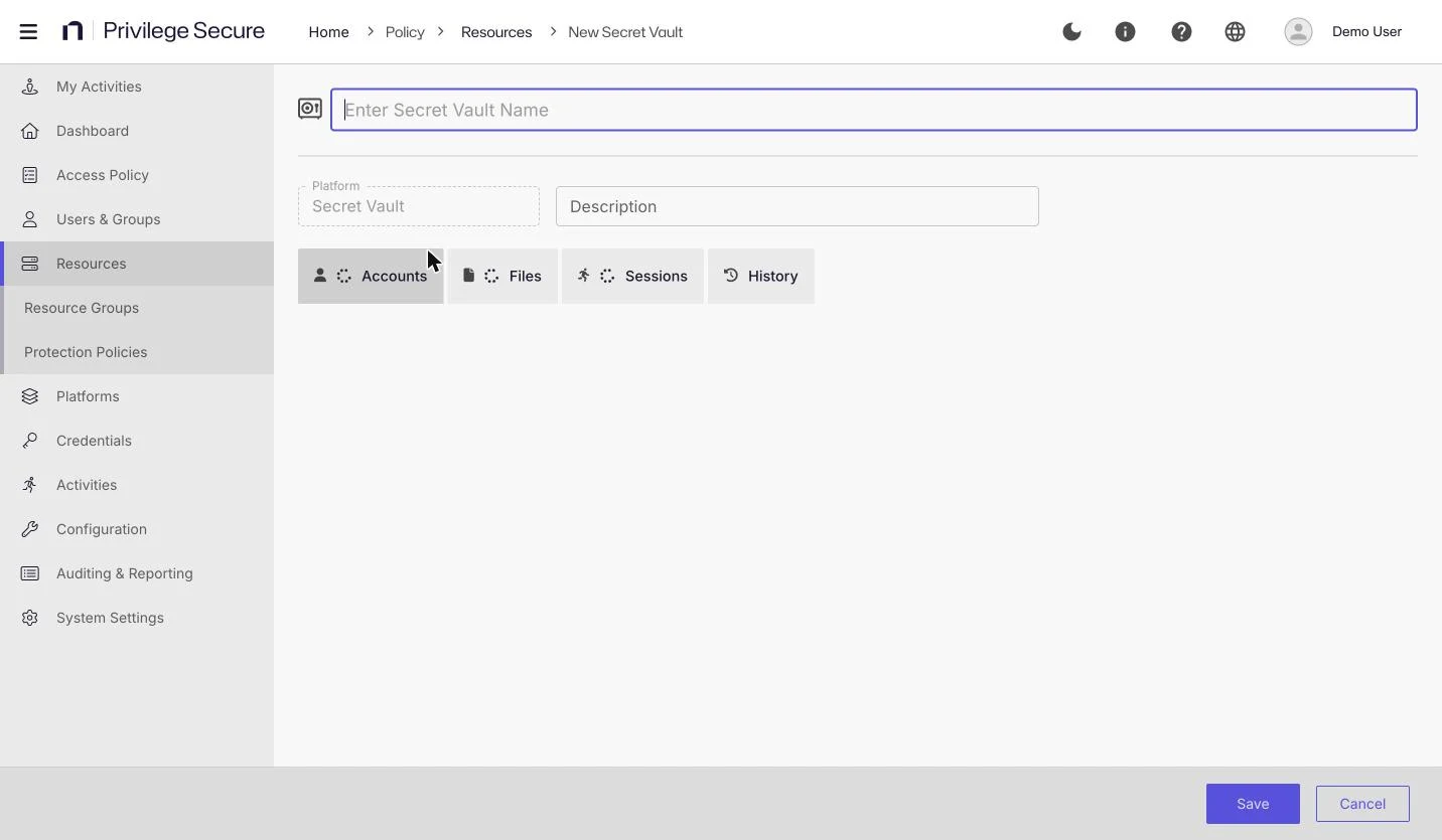 The New Secret Vault page with the vault name, Platform, and Description fields and the Accounts, Files, Sessions, and History tabs.