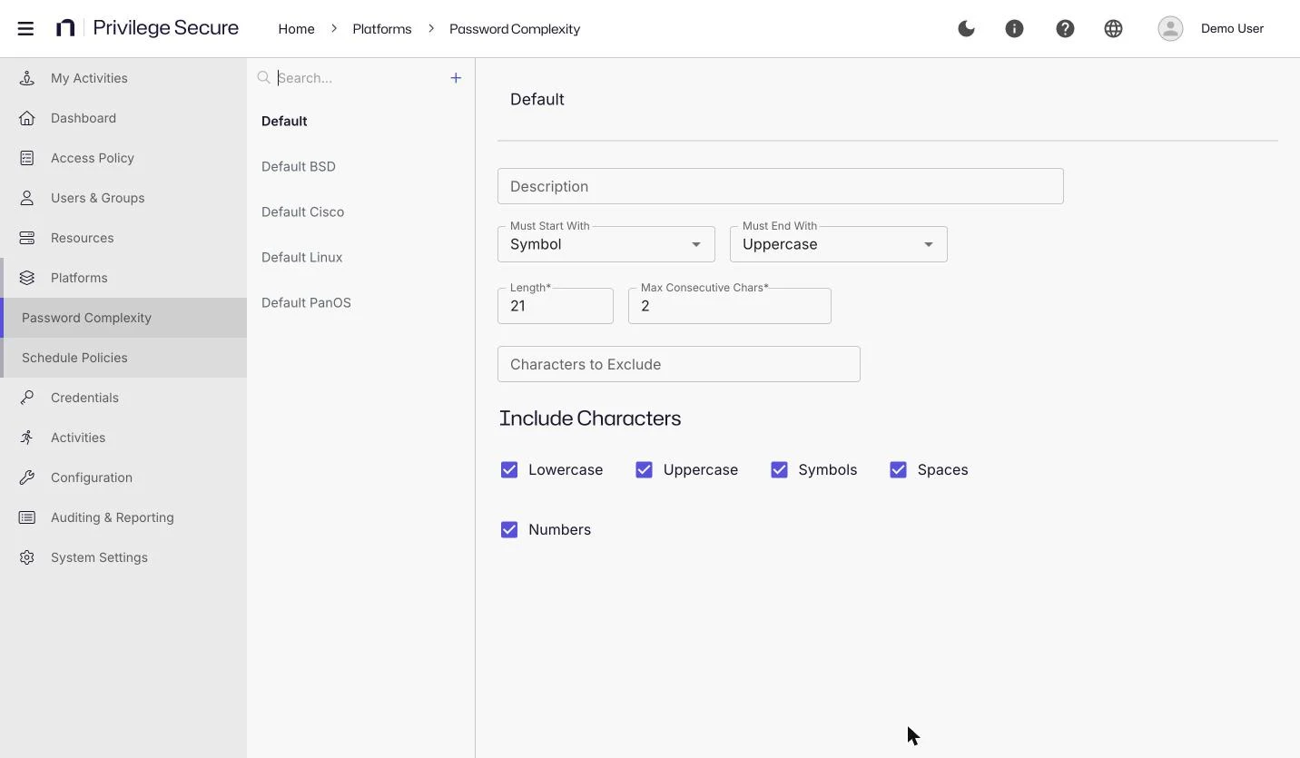 The Password Complexity page with the Default policy selected, showing its start and end character rules, length 21, maximum consecutive characters 2, and the included character types.