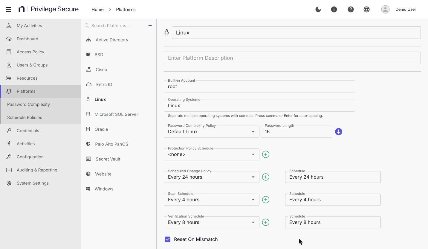 The Platforms page with Linux selected, showing the built-in account root, password complexity policy, and the change, scan, and verification schedules.