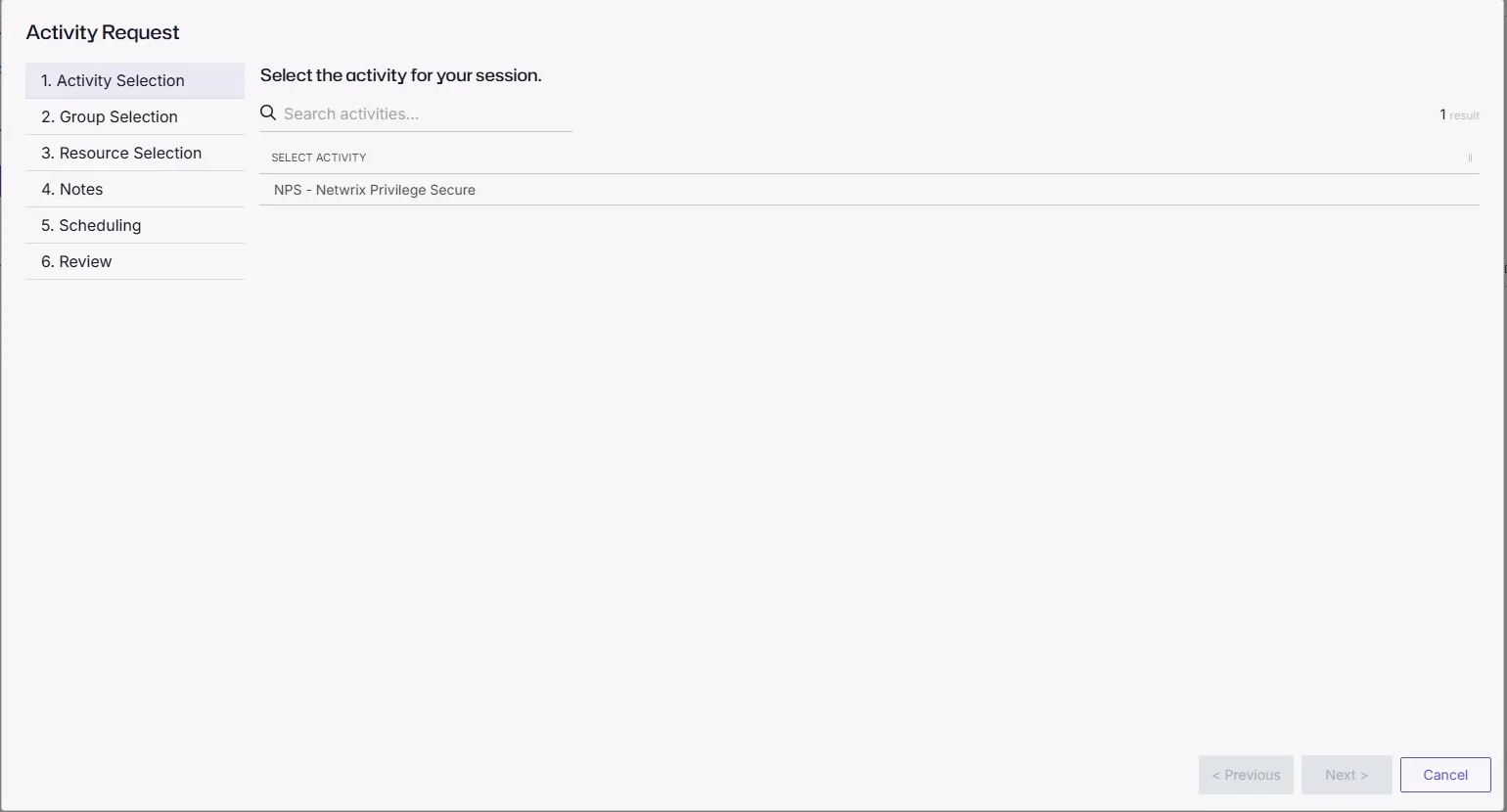 Activity Selection step of the Activity Request wizard