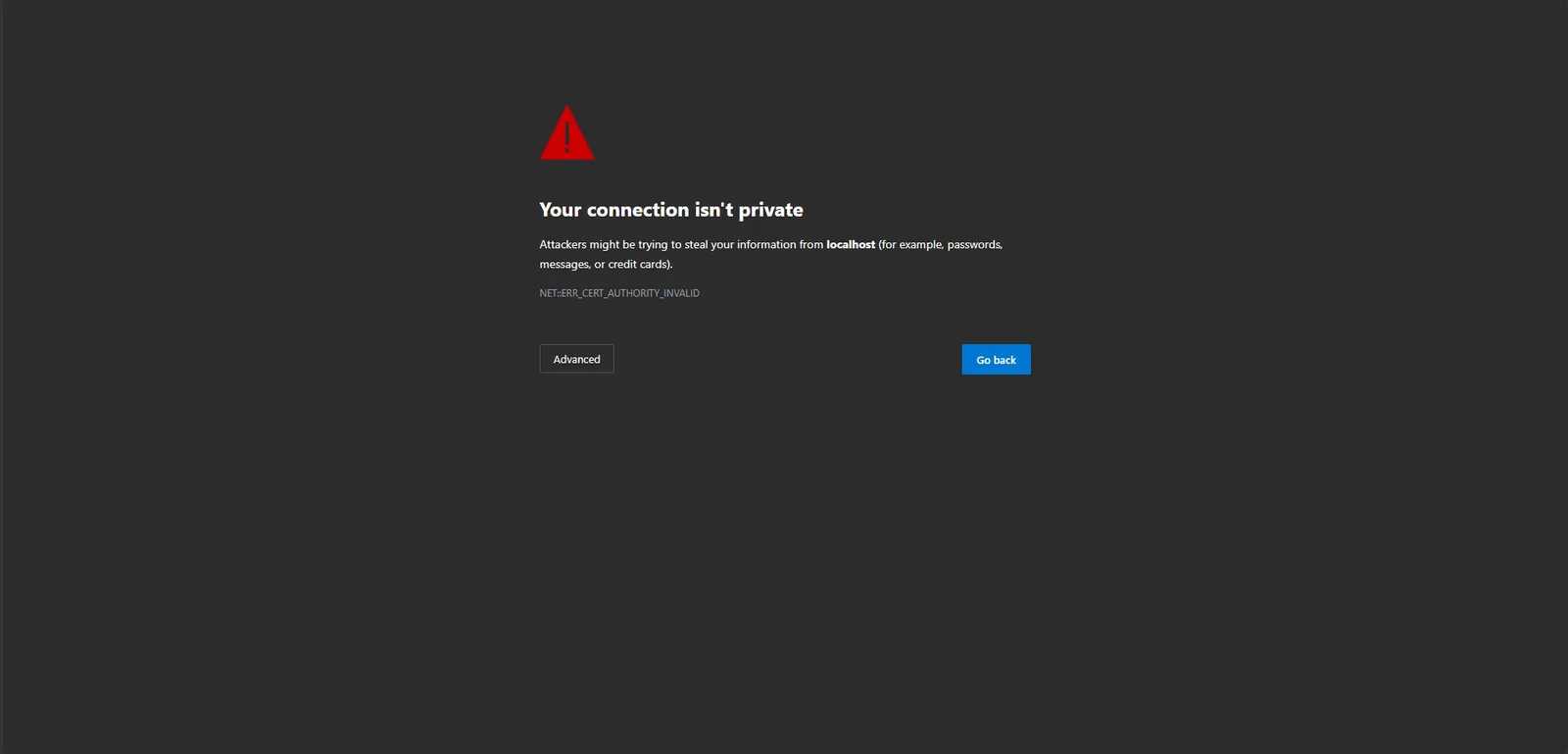 Browser warning for the portal's self-signed certificate