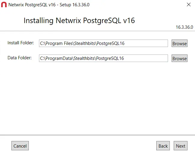 The Netwrix PostgreSQL 16 setup wizard page with the install and data folders.