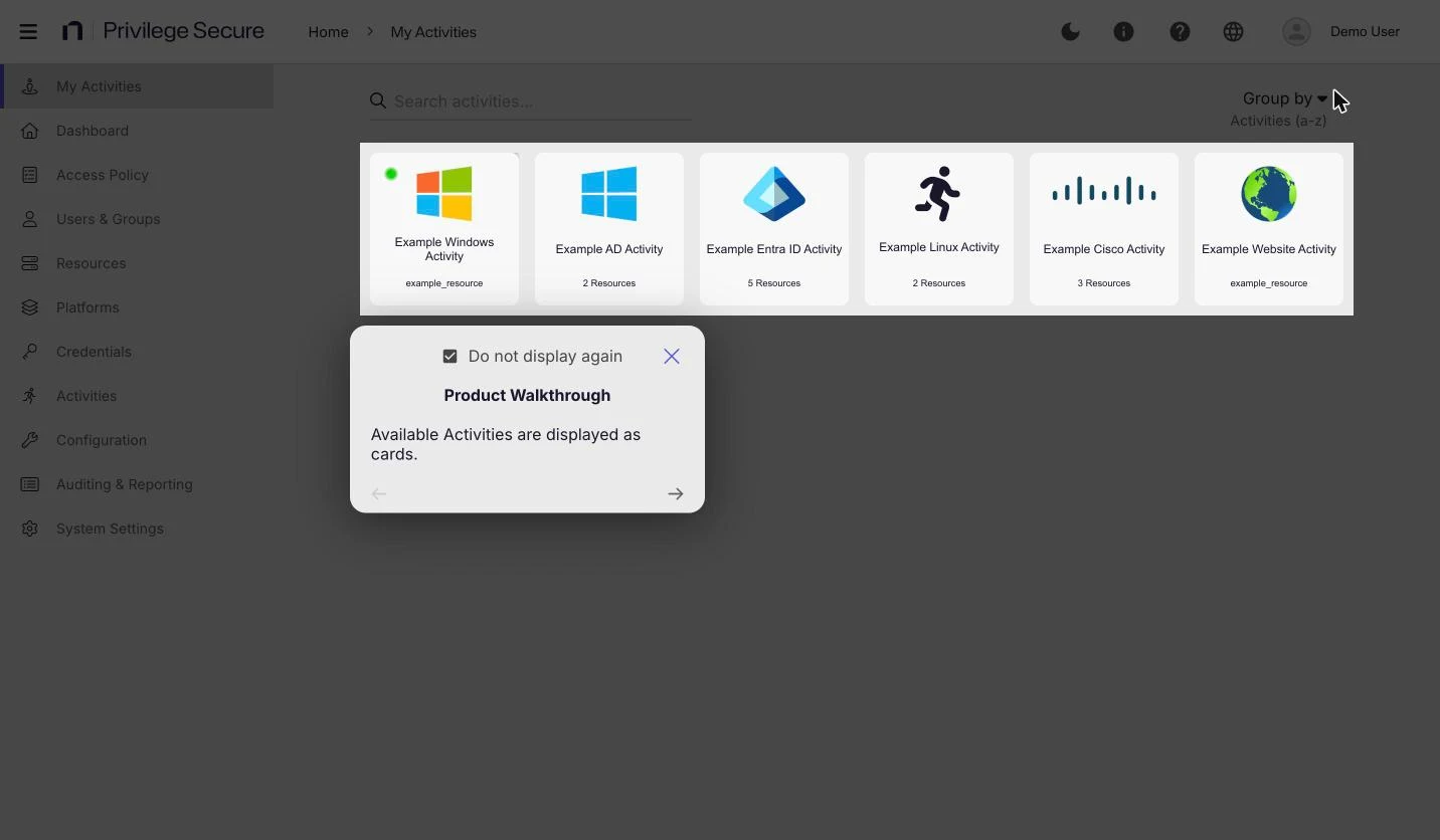 The first step of the Product Walkthrough, highlighting the activity cards on the My Activities page with the message that available activities are displayed as cards.