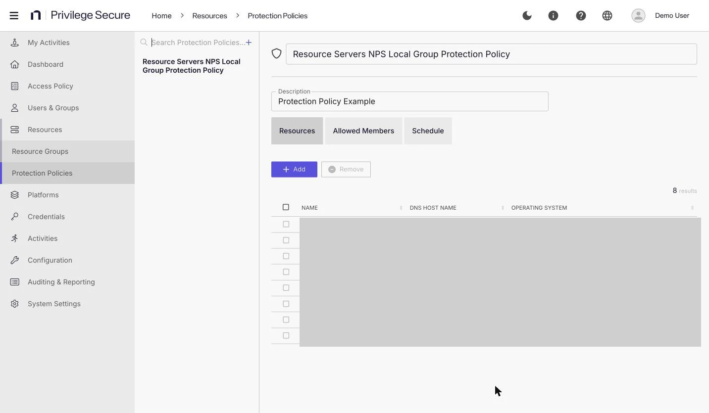 The Protection Policies page with one policy selected, showing its description and the Resources, Allowed Members, and Schedule tabs above a list of eight resources.