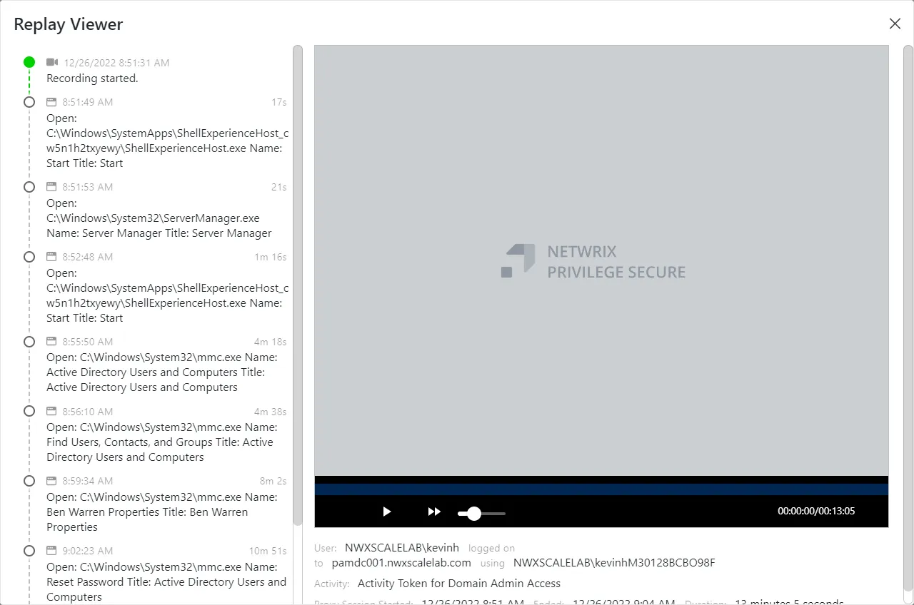 The Replay Viewer playing an RDP session, with the event timeline, the playback controls, and the user, target, and activity details.