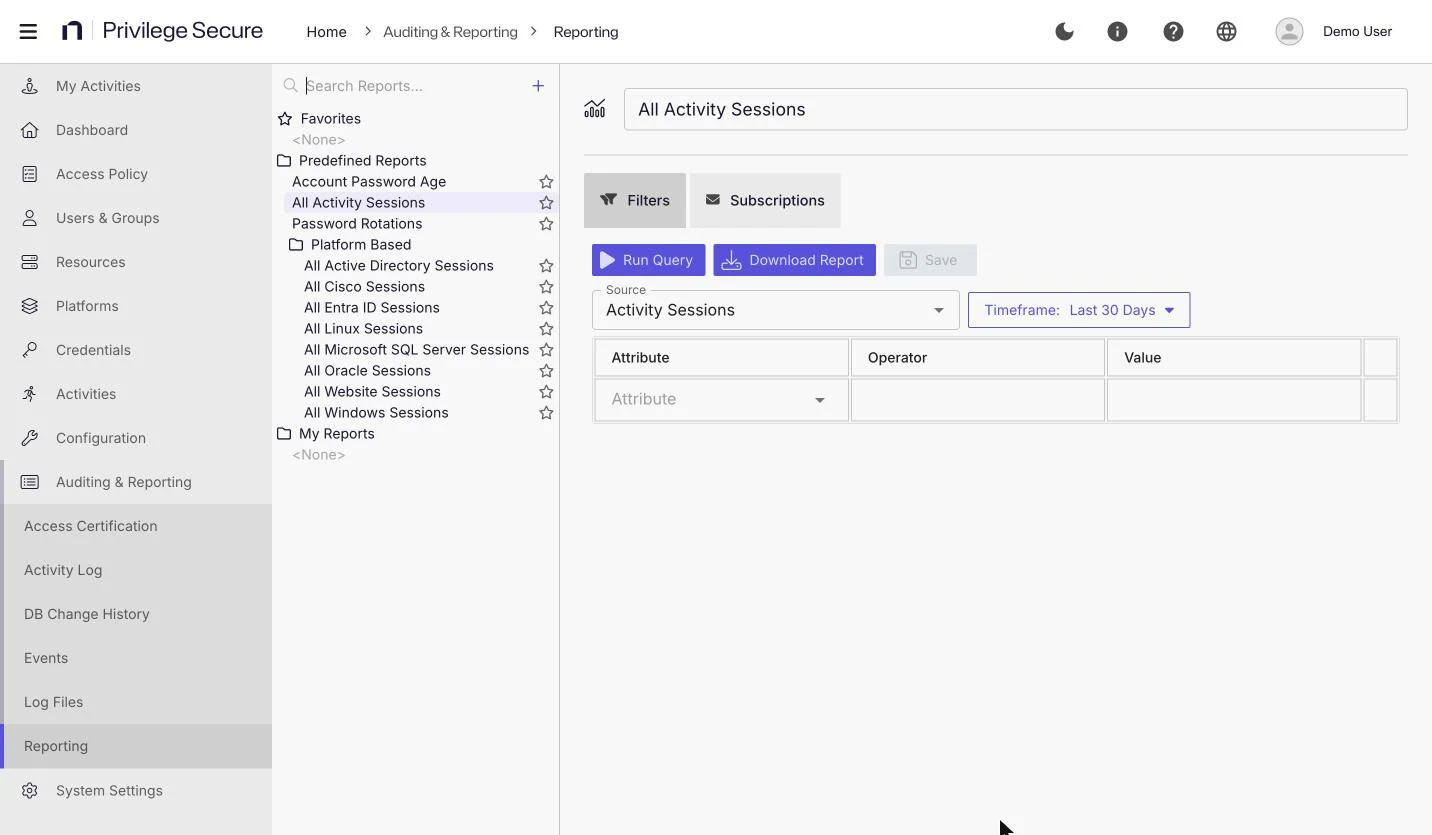 The Reporting page with the report tree on the left and the All Activity Sessions report open on the Filters tab.