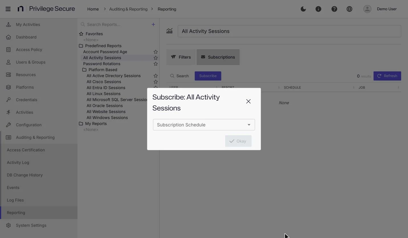 The Subscriptions tab of the All Activity Sessions report with the Subscribe dialog open, showing the Subscription Schedule list.