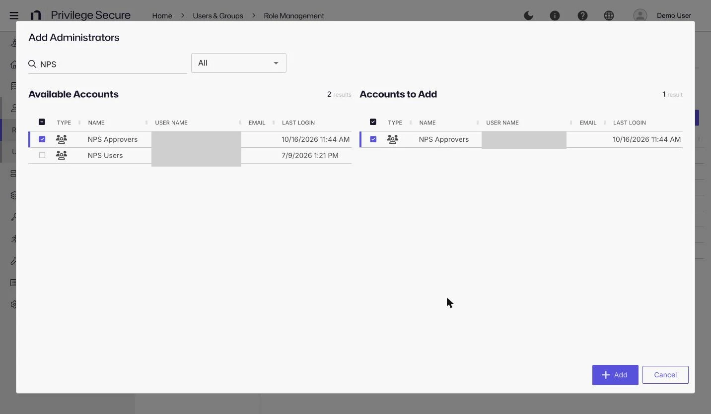 The Add Administrators window with a search for NPS and the NPS Approvers group in Accounts to Add.