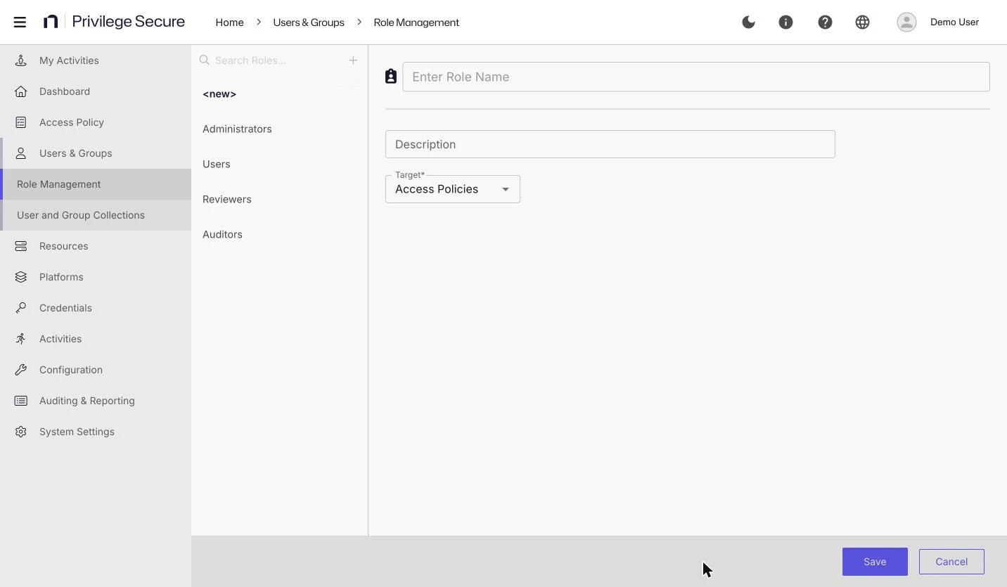 The new role form with the Role Name, Description, and Target fields, with Target set to Access Policies.