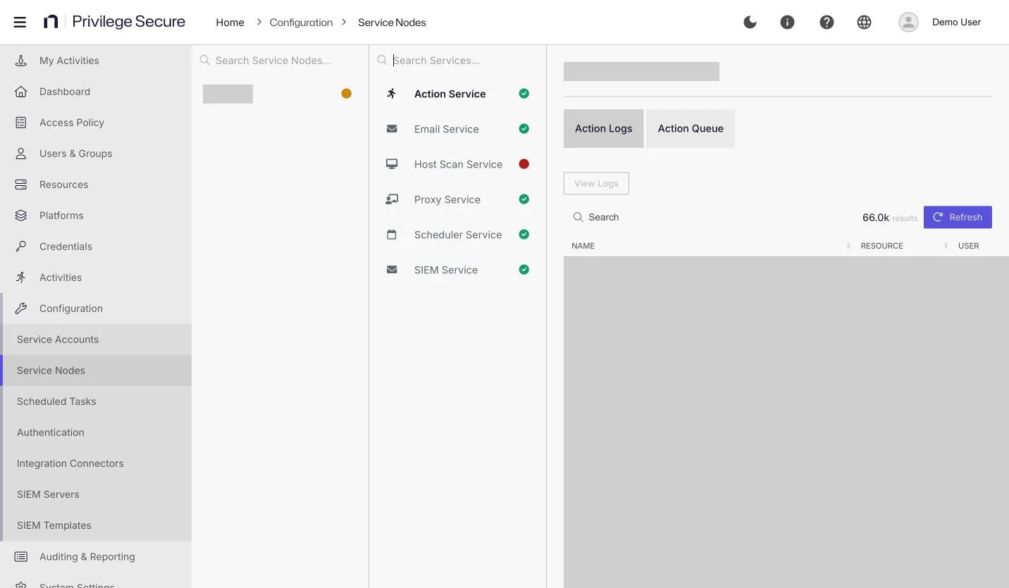 The Service Nodes page with a node selected, the list of services with status icons, and the Action Service selected showing the Action Logs tab.