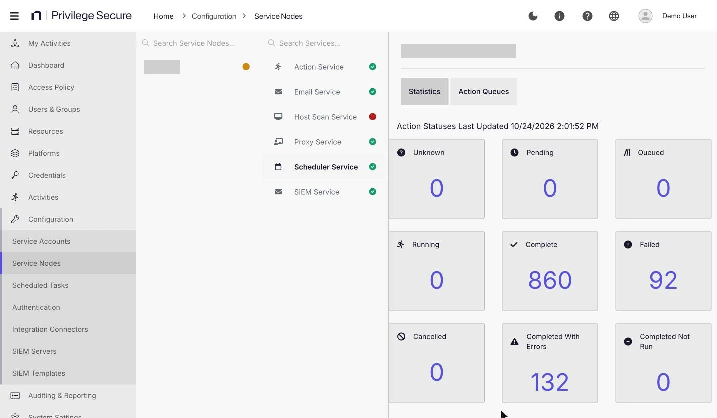 The Scheduler Service Statistics tab showing status tiles for Unknown, Pending, Queued, Running, Complete, Failed, Cancelled, Completed With Errors, and Completed Not Run actions.