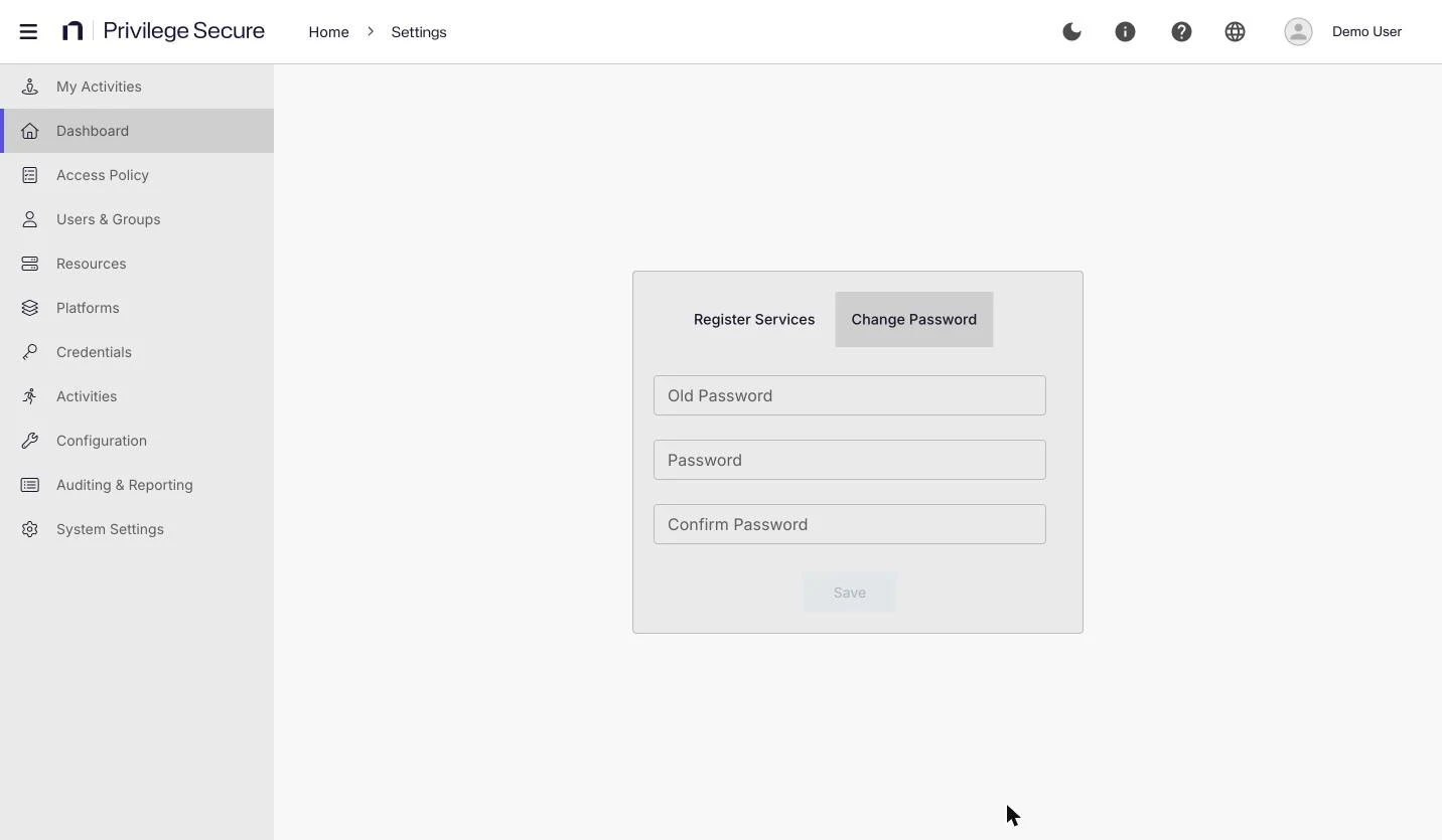 The Settings page on the Change Password tab, with Old Password, Password, and Confirm Password fields and a Save button.