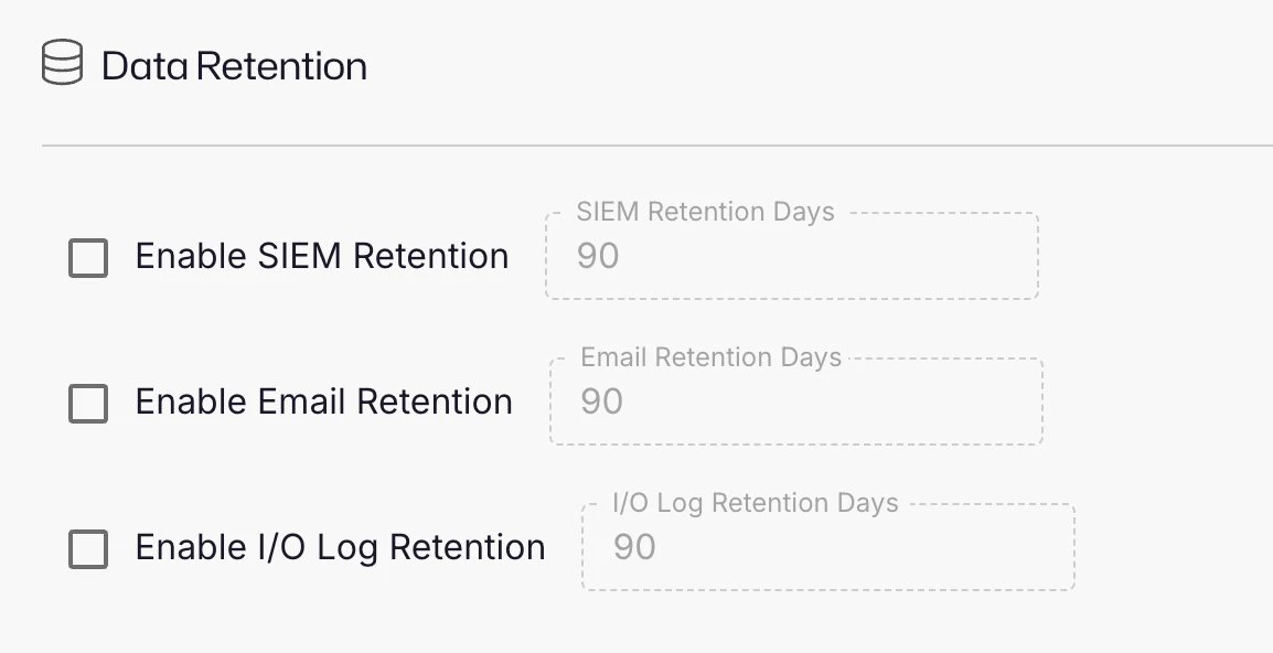 The Data Retention panel with its three options and their days fields.