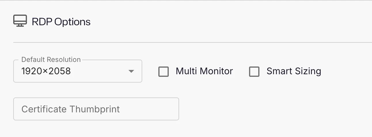 The RDP Options panel with the default resolution, multi monitor, and smart sizing options and the certificate thumbprint field.