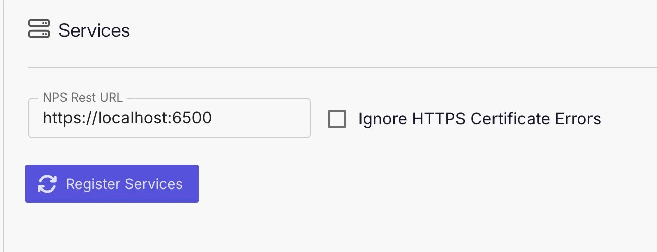The Services panel in System Settings with the NPS Rest URL field and the Register Services button.