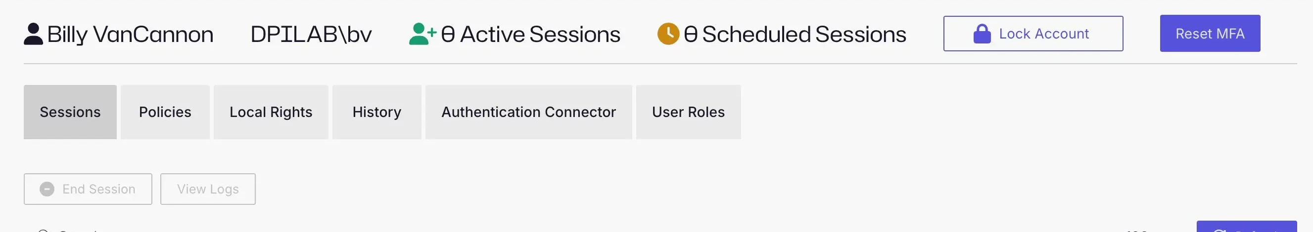 The details page of a domain user, with the header, the session counts, the Lock Account and Reset MFA buttons, and the tab row.